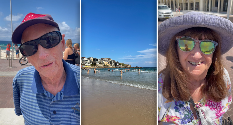 An elderly Australian man (left) and Sheila (right) in a hat. In the centre is a shot of Bondi Beach