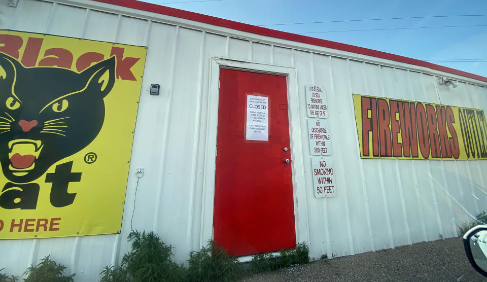 A roadside fireworks stand in Cheyenne, Wyo. posted a notice on June 18, 2021, saying it was closed due to supply shortage. (Andrew John)