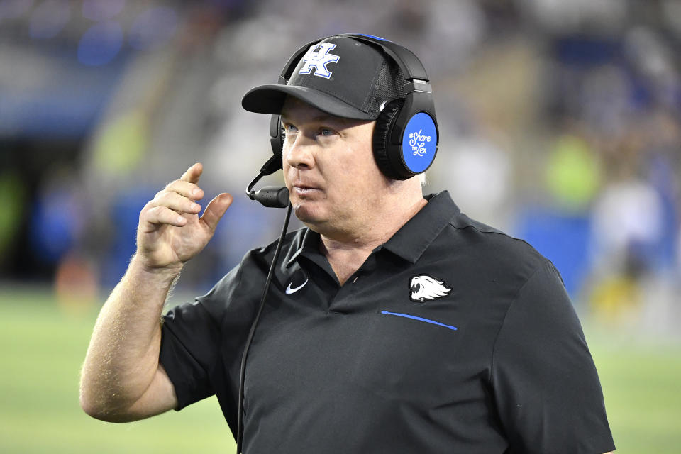 Kentucky head coach Mark Stoops watches his team during the second half of an NCAA college football game against Florida in Lexington, Ky., Saturday, Sept. 14, 2019. (AP Photo/Timothy D. Easley)