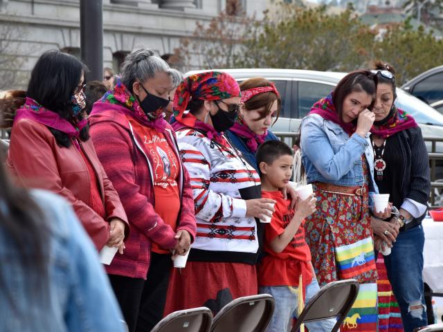 Family members of missing and murdered indigenous women in Montana gather in front of the state Capitol in Helena, Mont., Wednesday, May 5, 2021.