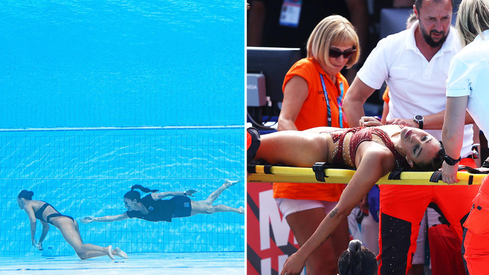 Anita Alvarez, pictured here fainting in the pool and had to be dragged out by her coach.