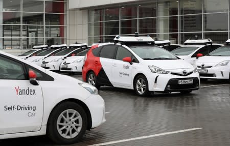 A view shows self-driving cars tested by Yandex company in Moscow