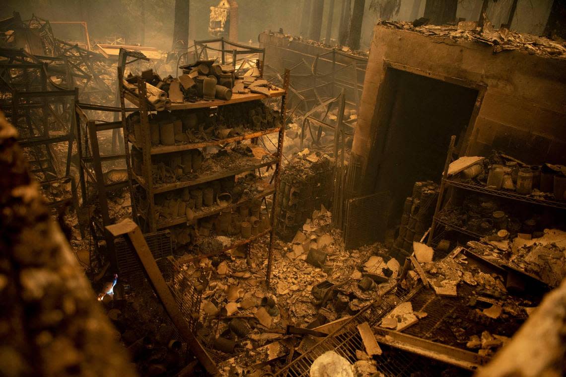 A home on Sugar Pine Drive in Berry Creek was burned during the Bear Fire near Oroville on Wednesday, Sept. 9, 2020. The blaze, part of the larger North Complex burning in Northern California, exploded in size Tuesday night and into Wednesday, forcing evacuation warnings and orders for at least 20,000 people in Butte County and reportedly inflicting widespread damage on the foothill community of Berry Creek.