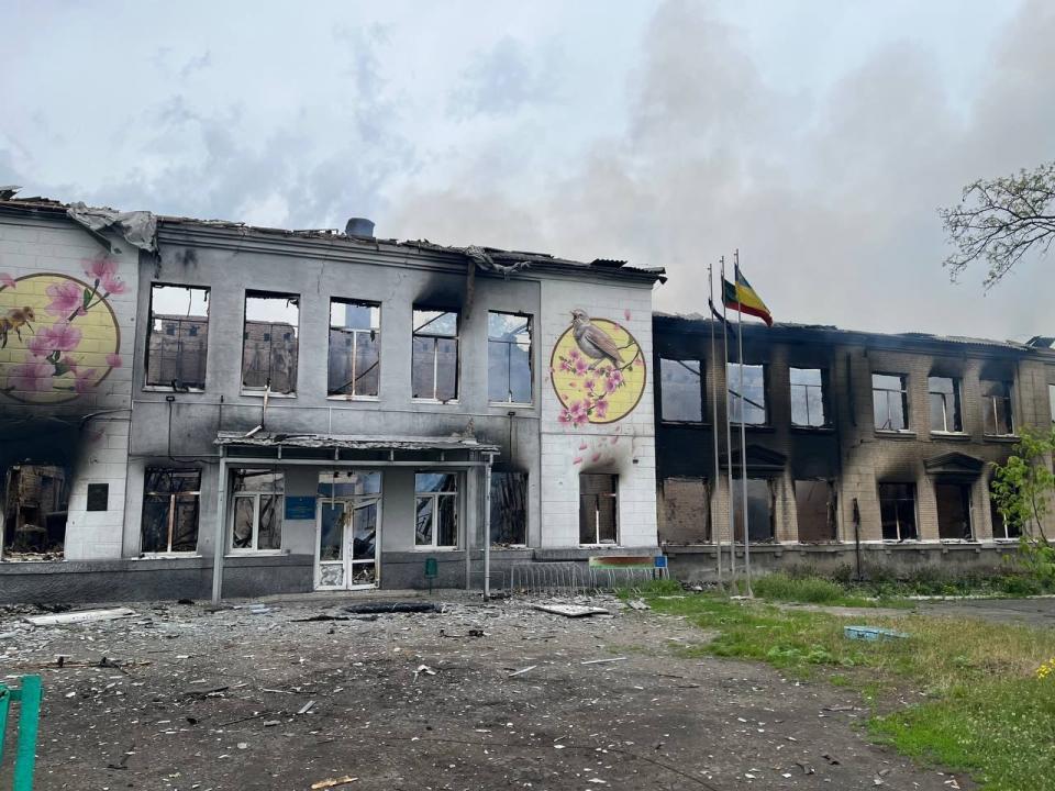 The aftermath of an alleged phosphorus bomb attack on a school, according to then Donetsk Oblast Governor Pavlo Kyrylenko, in Avdiivka, Ukraine, on May 18, 2022. (Pavlo Kyrylenko/Telegram)