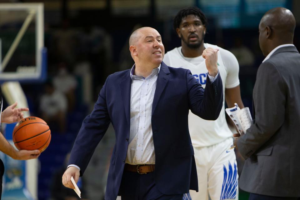 Florida Gulf Coast Eagles head coach Michael Fly reacts during the ASUN men’s basketball game between FGCU and Liberty, Saturday, Jan. 15, 2022, at Alico Arena in Fort Myers, Fla.Liberty defeated FGCU 78-75.