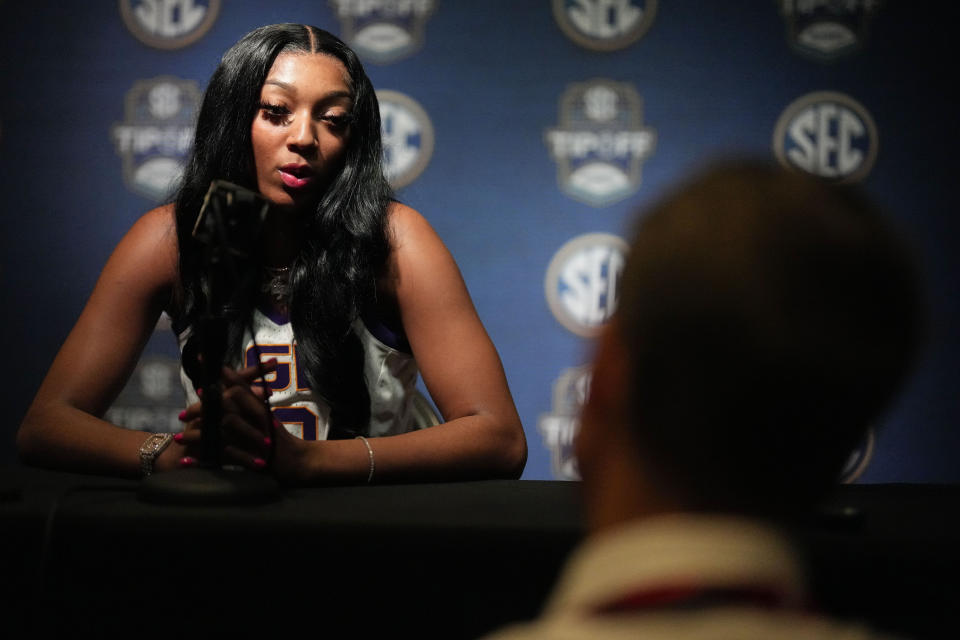 LSU NCAA women's college basketball player Angel Reese speaks during Southeastern Conference Media Days, Thursday, Oct. 19, 2023, in Birmingham, Ala. (AP Photo/Mike Stewart)