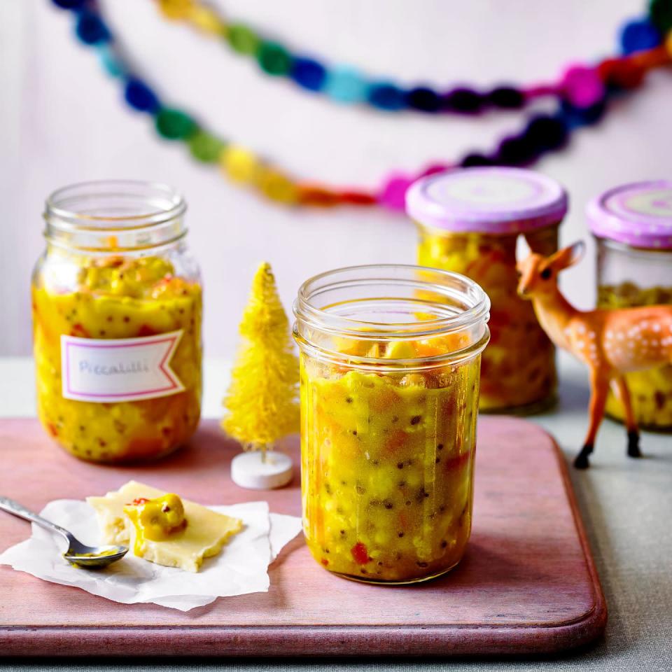 <p>A well-spiced wintry piccalilli perfect for serving with festive ham and cheeses.<br></p><p><strong>Recipe: <a href="https://www.goodhousekeeping.com/uk/christmas/christmas-recipes/a34770243/cheeseboard-piccalilli/" rel="nofollow noopener" target="_blank" data-ylk="slk:Cheeseboard Piccalilli" class="link ">Cheeseboard Piccalilli</a></strong></p>
