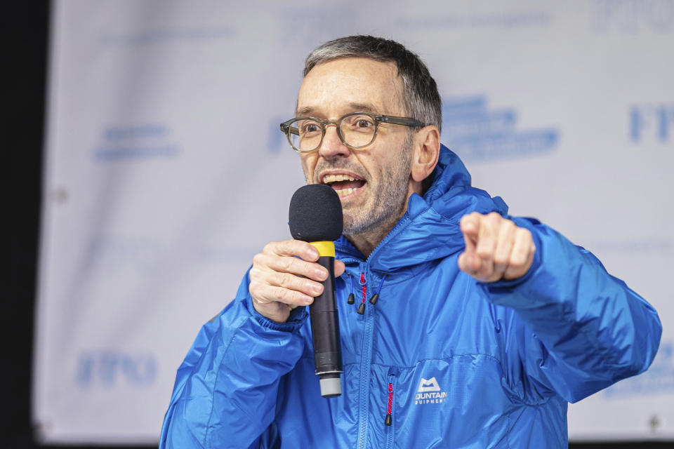 FILE -- The chairman of the Austrian freedom party, Herbert Kickl, speaks during a protest rally against measures to battle the coronavirus pandemic in Vienna, Austria, Saturday, Dec. 11, 2021. The Freedom Party's nearly double-digit gains in Sunday’s regional election in the province of Lower Austria confirmed a political trend on the national level. In recent months, the Freedom Party has regained its previous momentum and, according to recent polls, is now the strongest party in the small Alpine nation. (AP Photo/Florian Schroetter, file)