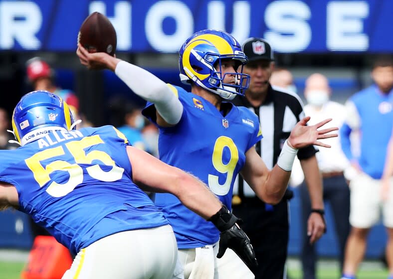 INGLEWOOD, CALIF. - OCT. 24, 2021. Rams quarterback Matt Stafford throws a pass.