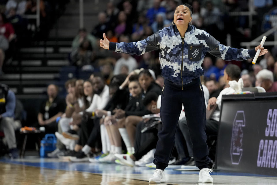 South Carolina head coach Dawn Staley reacts during the first quarter of a Sweet Sixteen round college basketball game against the Indiana during the NCAA Tournament, Friday, March 29, 2024, in Albany, N.Y. (AP Photo/Mary Altaffer)