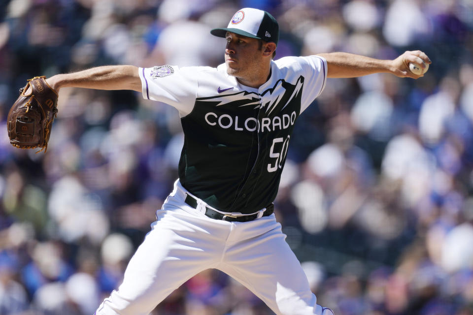 Colorado Rockies starting pitcher Ty Blach works against the Chicago Cubs in the first inning of a baseball game, Wednesday, Sept. 13, 2023, in Denver. (AP Photo/David Zalubowski)