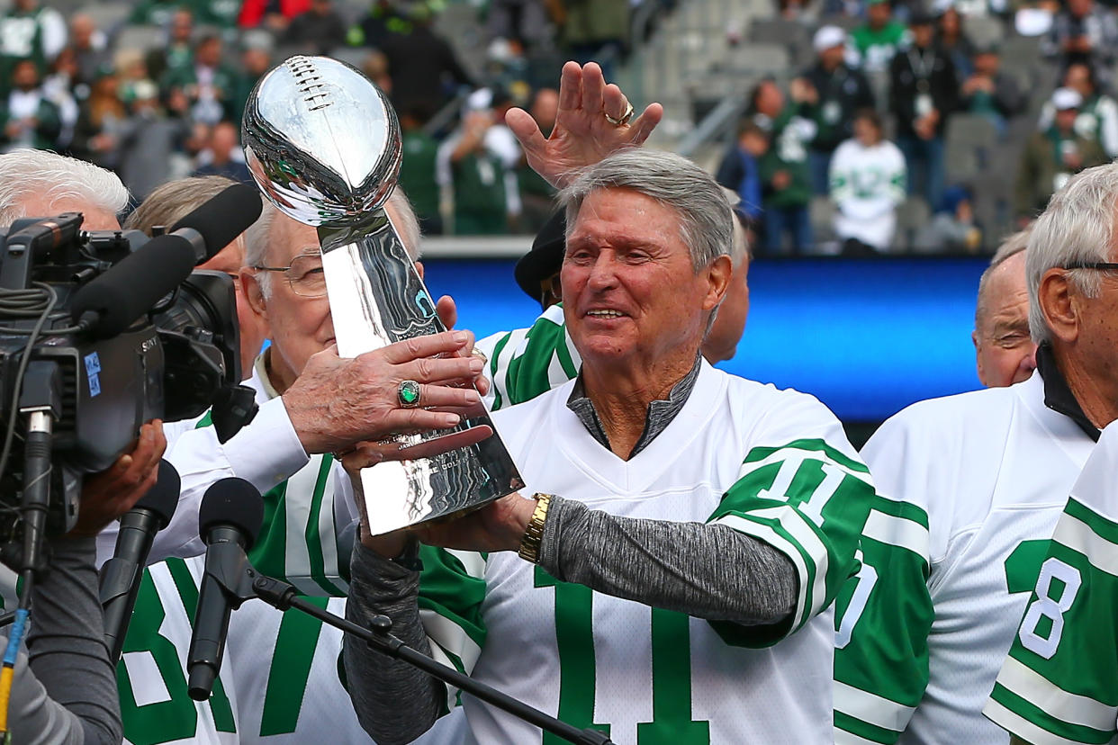EAST RUTHERFORD, NJ - OCTOBER 14:   Former New York Jets Kicker Jim Turner (11) holds up the Vince Lombardi Trophy during halftime honoring the SuperBowl III Champion New York Jets during the National Football League Game between the New York Jets and the Indianapolis Colts on October 14, 2018 at MetLife Stadium in East Rutherford, NJ.  (Photo by Rich Graessle/Icon Sportswire via Getty Images)