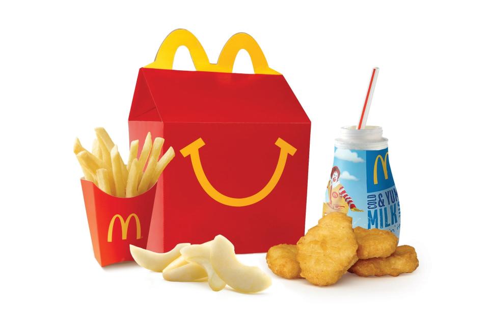 McDonald's Chicken McNugget Happy Meal comes with six Chicken McNuggets, kid-sized fries, a side of Apple Slices and a kids' drink.