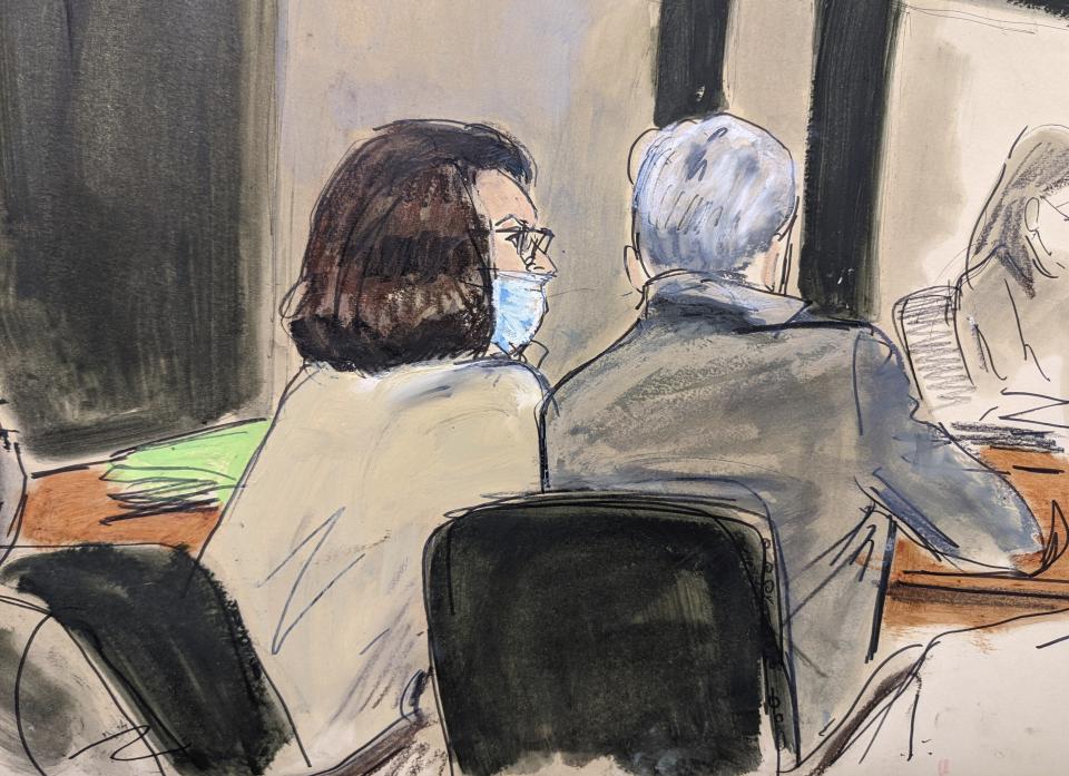 In this courtroom sketch, Ghislaine Maxwell, left, confers with lead defense attorney Bobbi Sternheim before Judge Alison Nathan takes the bench during Maxwell's sex trafficking trial, Tuesday, Nov. 30, 2021, in New York. A longtime pilot for the late financier Jeffrey Epstein resumed his testimony at Ghislaine Maxwell's sex trafficking trial Tuesday, saying that the British socialite charged with helping the financier find teenage girls to sexually abuse was "Number 2" in the hierarchy of Epstein's operations. (AP Photo/Elizabeth Williams)