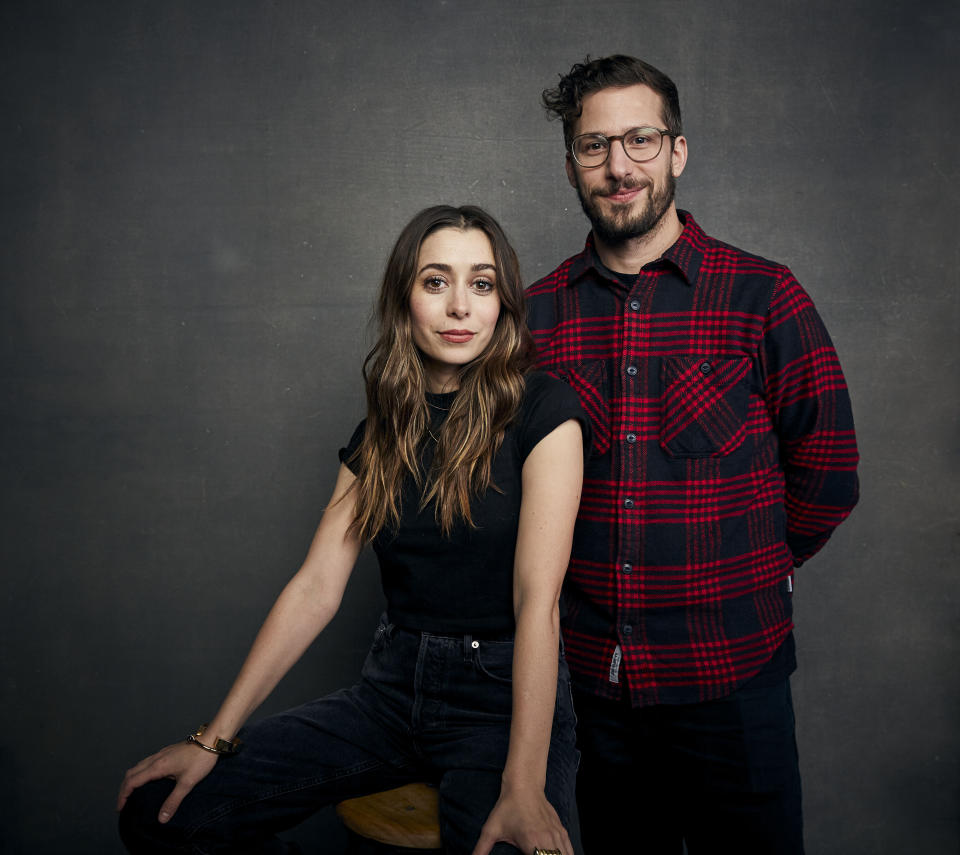 Cristin Milioti, left, and Andy Samberg pose for a portrait to promote the film "Palm Springs" at the Music Lodge during the Sundance Film Festival on Saturday, Jan. 25, 2020, in Park City, Utah. (Photo by Taylor Jewell/Invision/AP)