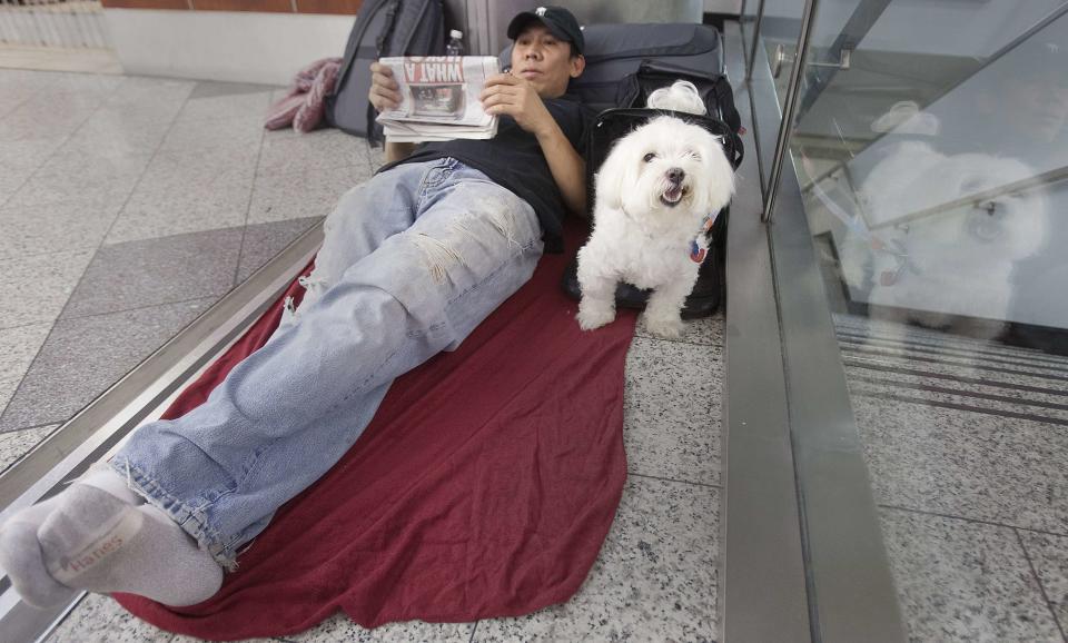 Stranded passenger Danny Nguyen and his dog Lucky wait as they spend the night on the floor of LaGuardia airport after his flight was cancelled when a Southwest Airlines 737 made an emergency landing in New York