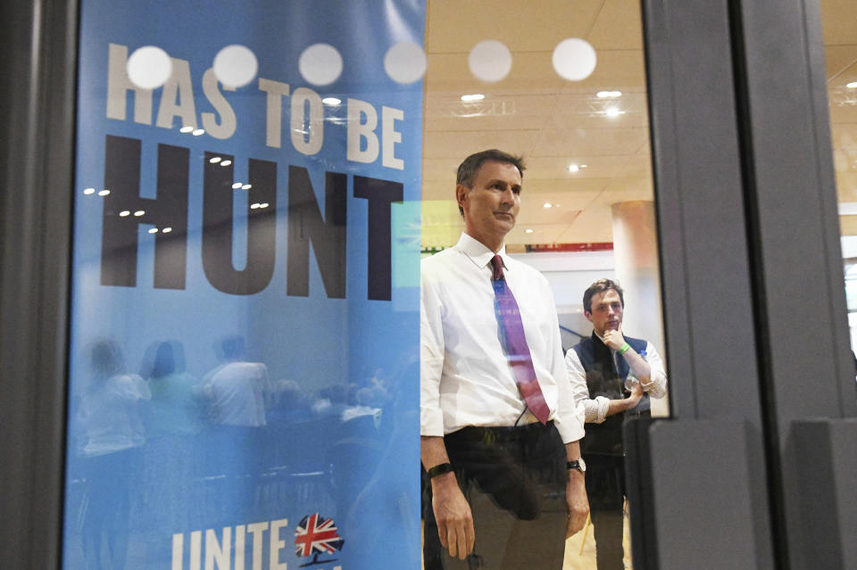 Conservative party leadership contender Jeremy Hunt is seen during a Tory leadership hustings at the All Nations Centre in Cardiff, Wales, Saturday, July 6, 2019. (David Mirzoeff/PA via AP)