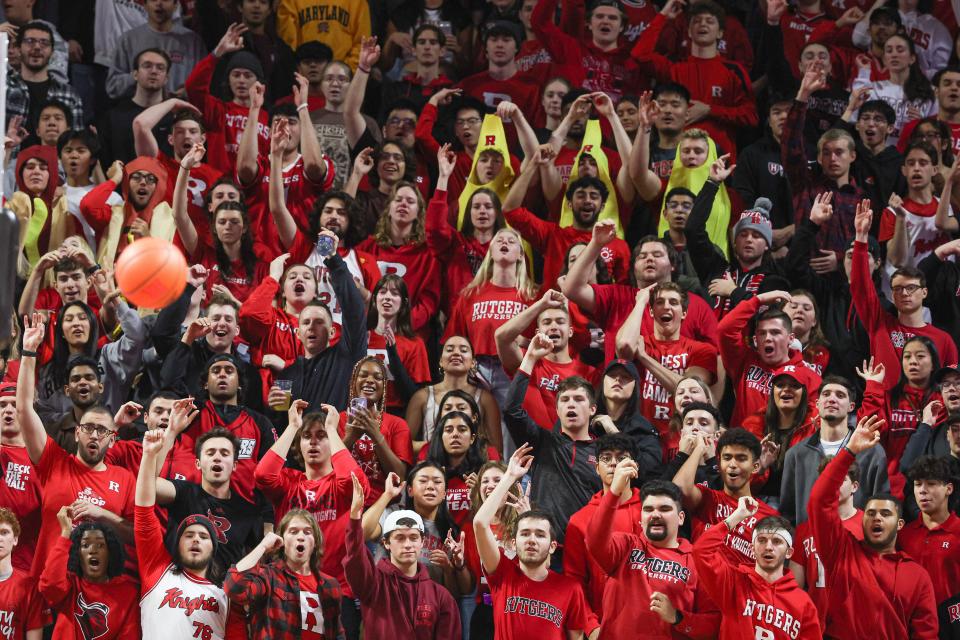 Rutgers Scarlet Knights fans cheer during the first half against the Maryland Terrapins at Jersey Mike's Arena. Mandatory Credit: Vincent Carchietta-USA TODAY Sports
