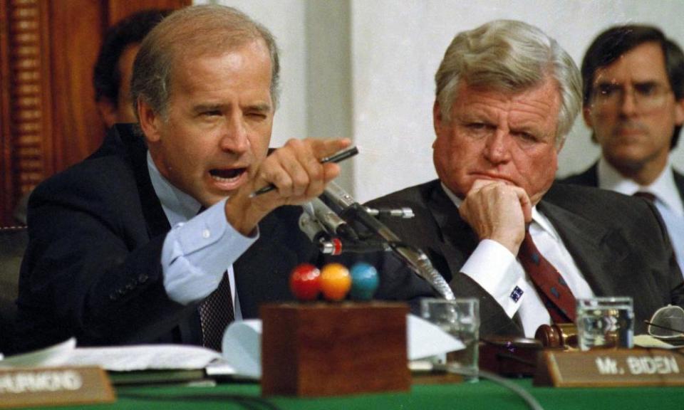 Joe Biden, with Edward Kennedy, makes a point during Clarence Thomas’ confirmation hearing in 1991.