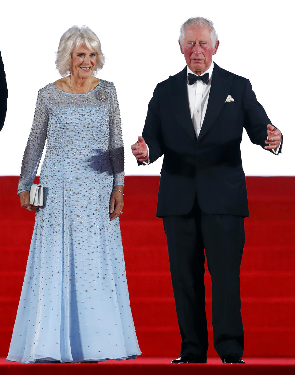 Camilla wearing a Bruce Oldfield gown to the No Time To Die premiere in London. (Getty Images)