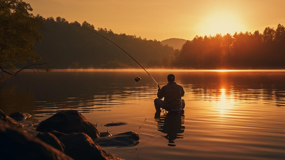 A person fishing in the lake, using the companies fishing equipment to reel in their catch.