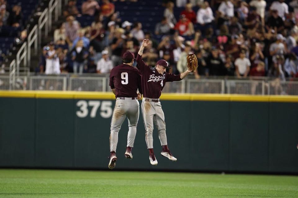 The Aggies outfielders celebrate their advance to the CWS finals.  (Texas A&M Athletics)