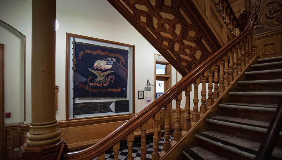 The 21st Michigan Volunteer Infantry Regiment Flag on Wednesday, Sept. 27, 2023, on the lower level of the Ionia County Courthouse in Ionia. The ladies of Ionia presented the Civil War battle flag to the regiment in 1862.