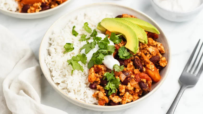 Bowl of chili and rice