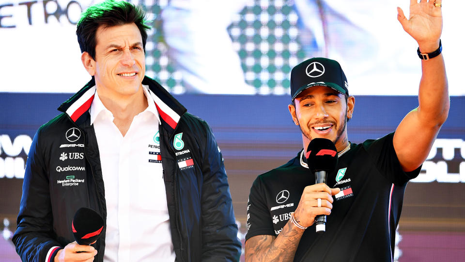 Mercedes team principal Toto Wolff and driver Lewis Hamilton have formed one of F1's most lucrative partnerships since Hamilton joined the team in 2013. (Photo by Clive Mason/Getty Images)