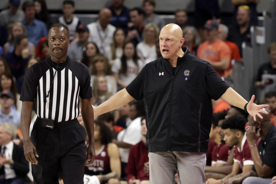 South Carolina head coach Frank Martin reacts to a call during the first half of an NCAA college basketball game against Auburn, Saturday, March 5, 2022, in Auburn, Ala. (AP Photo/Butch Dill)