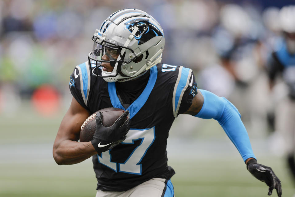 Carolina Panthers wide receiver DJ Chark Jr. runs for a touchdown against the Seattle Seahawks during the first half of an NFL football game Sunday, Sept. 24, 2023, in Seattle. (AP Photo/John Froschauer)