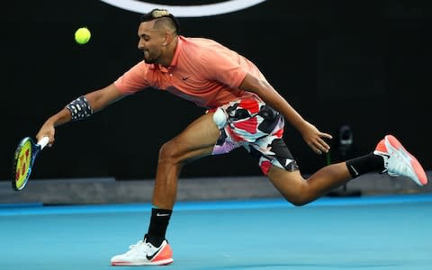 Nick Kyrgios of Australia plays a forehand during his Men's Singles third round match against Karen Khachanov of Russia on day six of the 2020 Australian Open at Melbourne Park on January 25, 2020