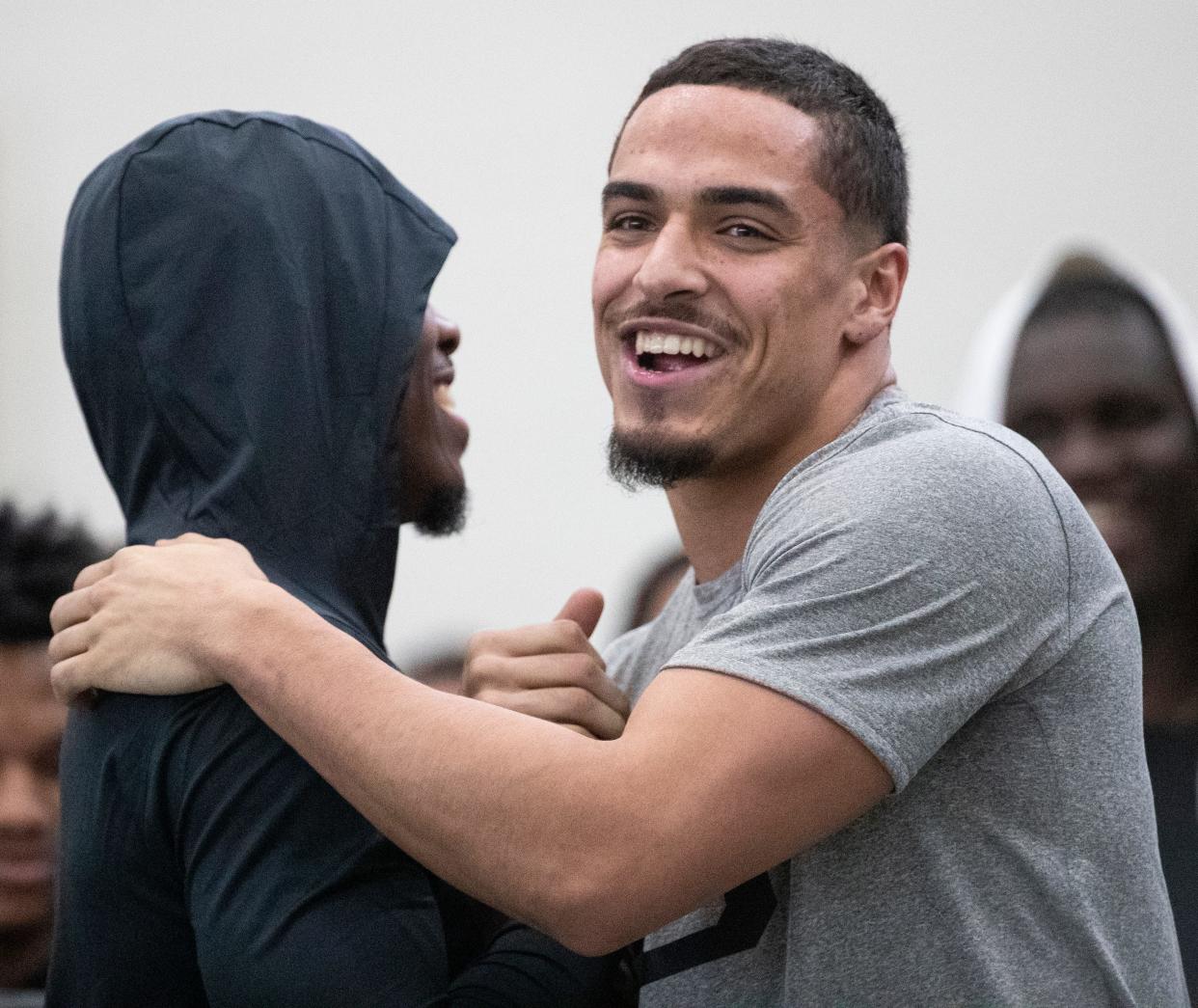 Purdue Boilermakers wide receiver Tyrone Tracy (3) and Purdue Boilermakers safety Cam Allen (10) celebrate during the Purdue football pro day, Thursday, March 7, 2024, at Mollenkopf Athletic Center in West Lafayette, Ind.