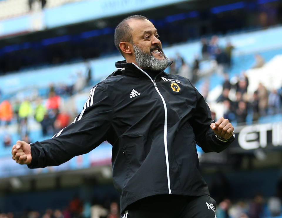 Wolverhampton Wanderers manager Nuno Espirito Santo celebrates after the final whistle Manchester City v Wolverhampton Wanderers - Premier League - Etihad Stadium 06-10-2019 . (Photo by  Nigel French/EMPICS/PA Images via Getty Images)