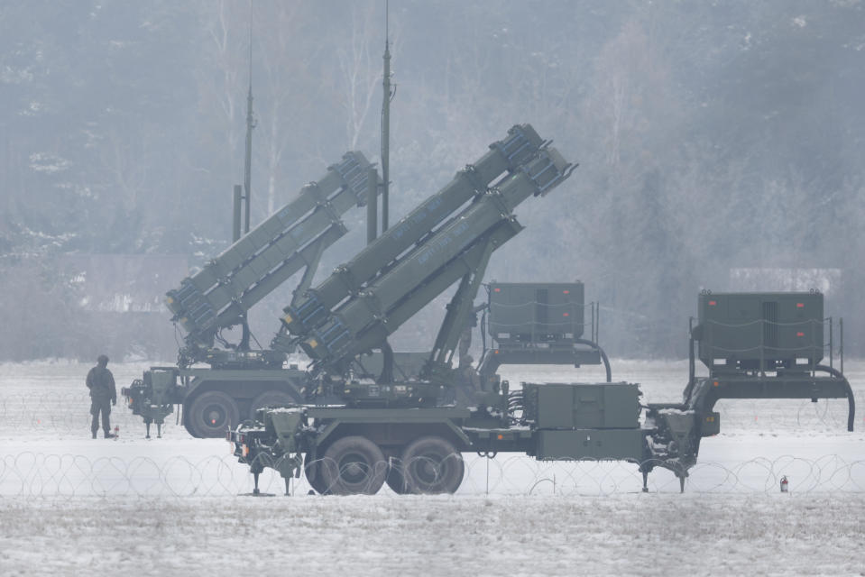 Patriot missile launchers acquired from the U.S. last year are seen deployed in Warsaw, Poland, Monday, Feb. 6, 2023. (AP Photo/Michal Dyjuk)