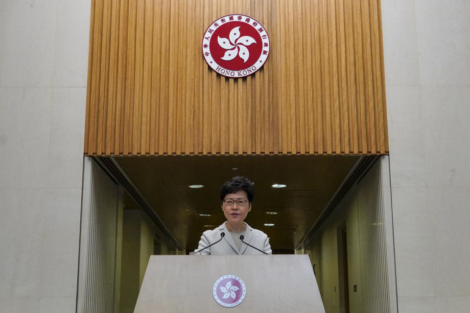 Hong Kong Chief Executive Carrie Lam speaks during a press conference in Hong Kong, Tuesday, Nov. 26, 2019. Lam has refused to offer any concessions to anti-government protesters after a local election setback. (AP Photo/Vincent Yu)