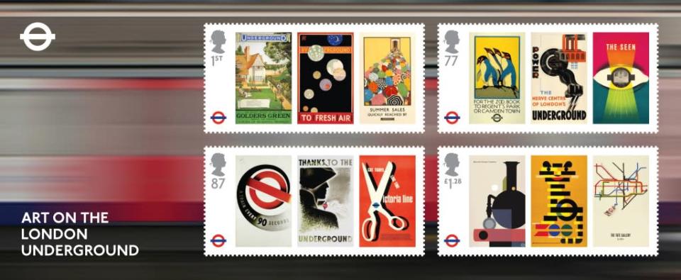 Posters are still a common feature of the Underground today. The miniature sheet of four stamps includes posters influenced by Cubism, Futurism and Vorticism art movements (Royal Mail)