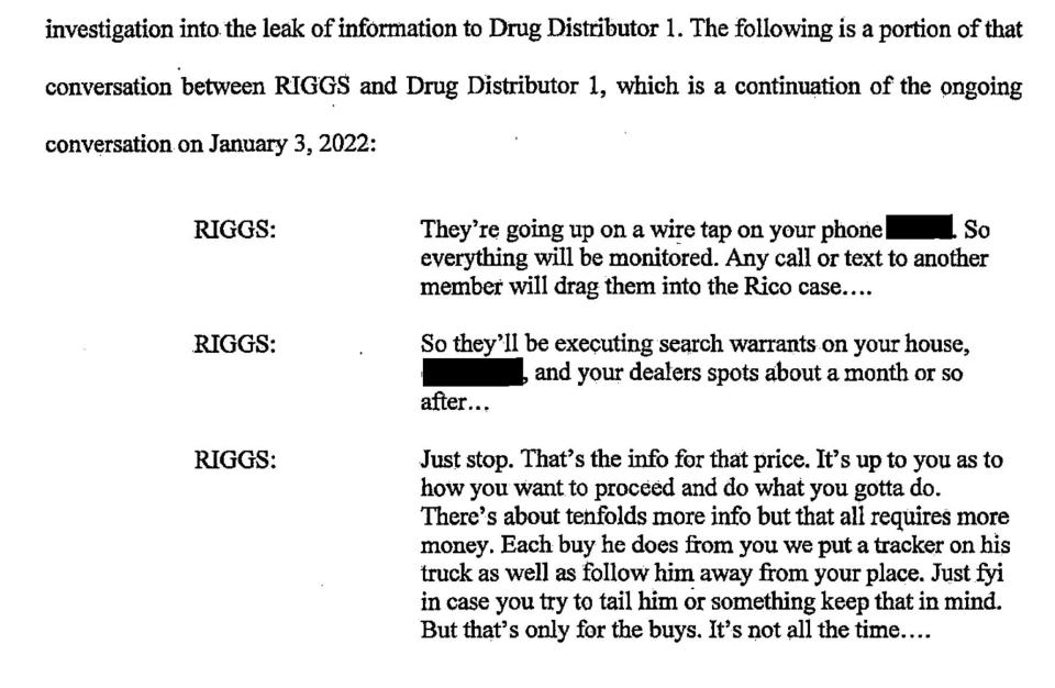 Snapshot of conversation between MSP Cpl. Justin E. Riggs and a drug distributor revealed in affidavit filed in U.S. District Court.