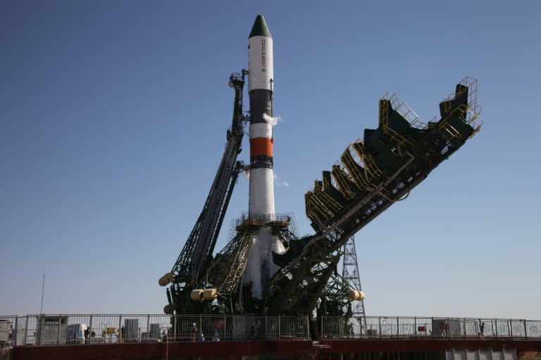 Russia's Progress M-28M cargo ship on the launch pad shortly before blast off at Baikonur cosmodrome in Kazakhstan on July 3, 2015