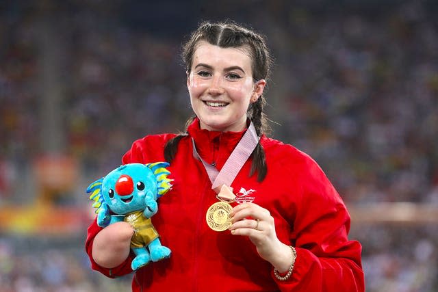 Hollie Arnold celebrates after winning Commonwealth gold for Wales in 2018