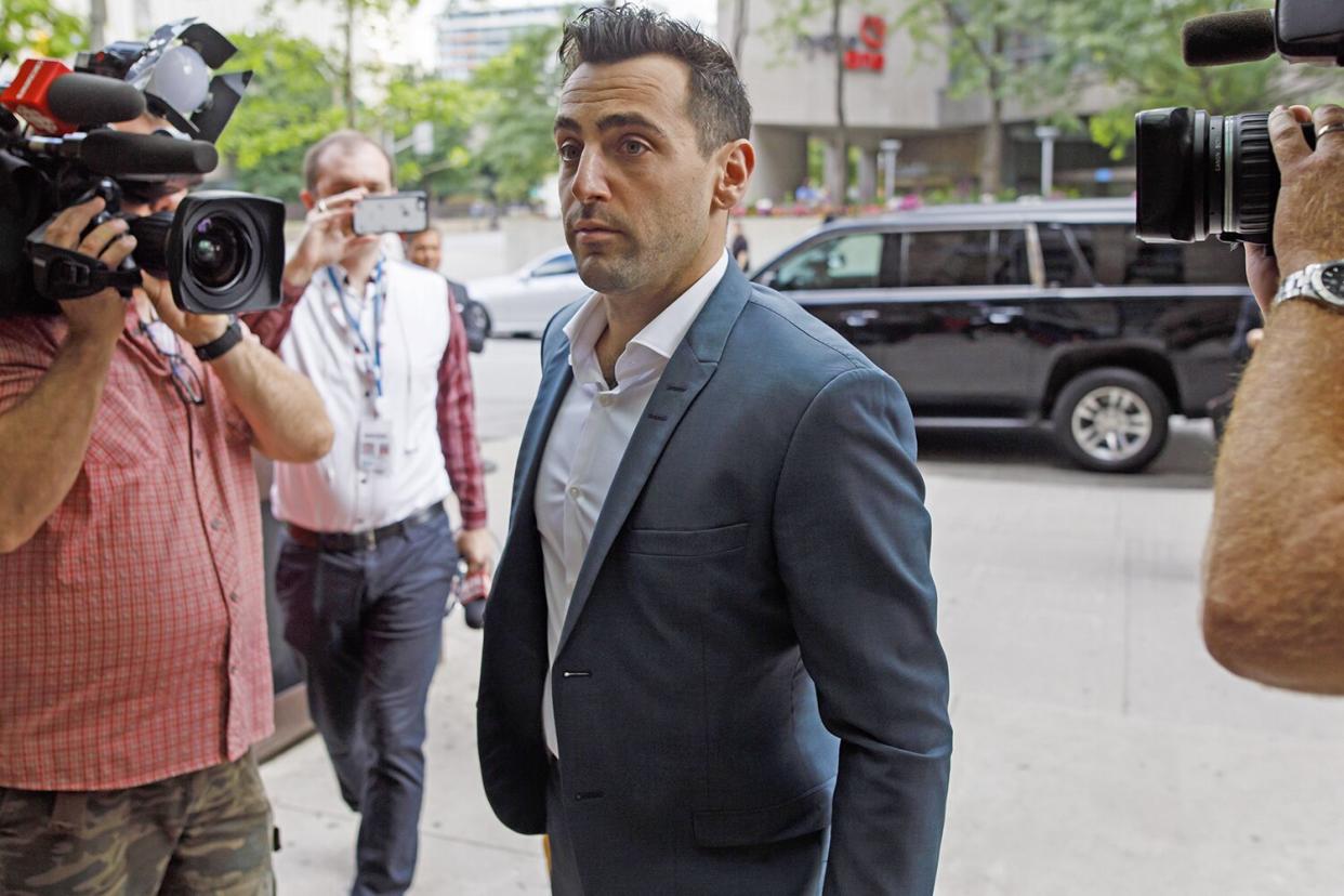 TORONTO, ON - JULY 12: Singer Jacob Hoggard arrives at a Toronto courthouse for the second day of his preliminary hearing to determine if his sexual assault case goes to trial, on July 12, 2019 in Toronto, Canada. Hoggard, frontman of the band Hedley, has pleaded not guilty to charges of sexual interference and sexual assault causing bodily harm. (Photo by Cole Burston/Getty Images)