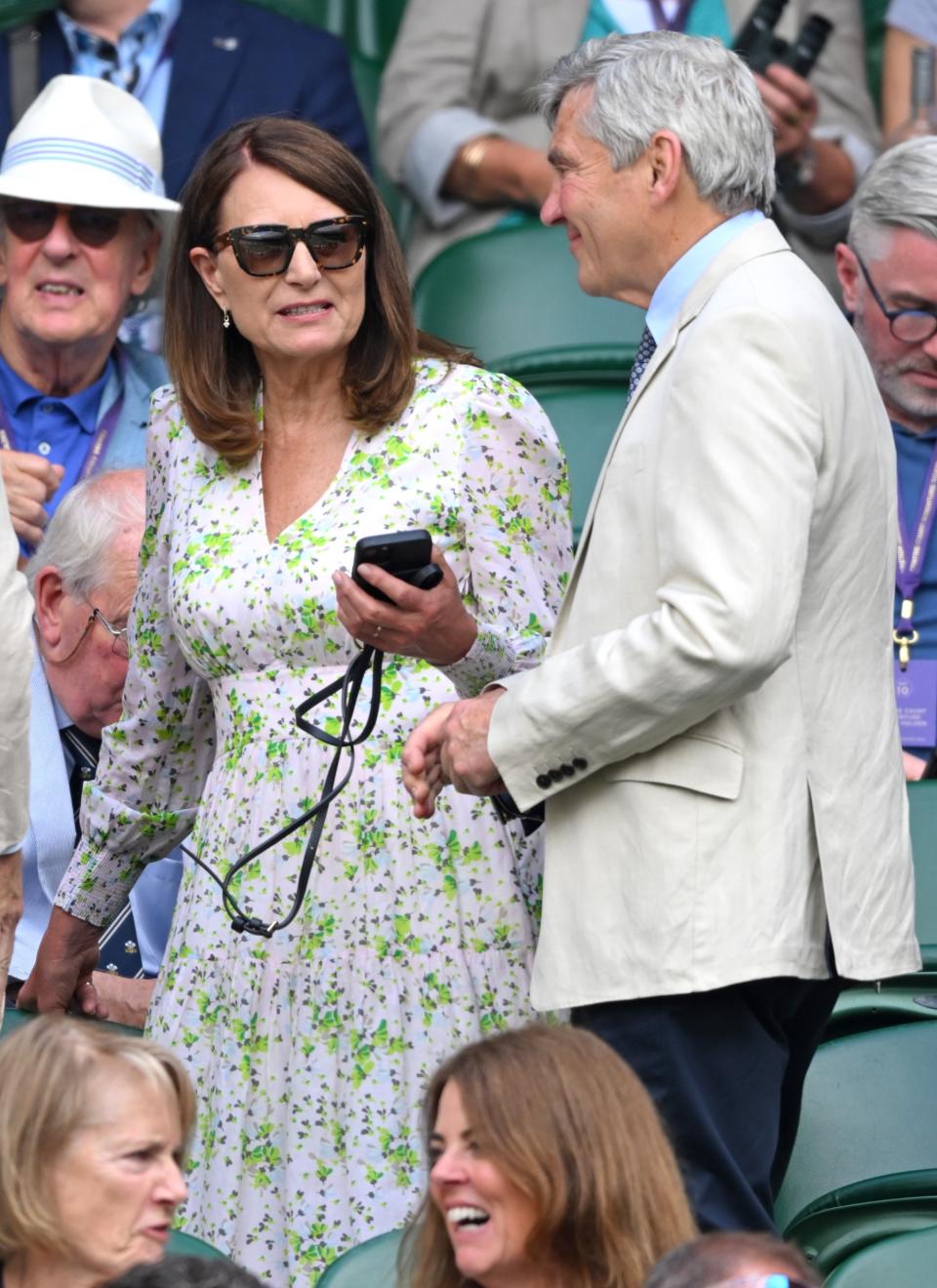 LONDON, ENGLAND - JULY 10: Carole Middleton and Michael Middleton attend day ten of the Wimbledon Tennis Championships at the All England Lawn Tennis and Croquet Club on July 10, 2024 in London, England. (Photo by Karwai Tang/WireImage)