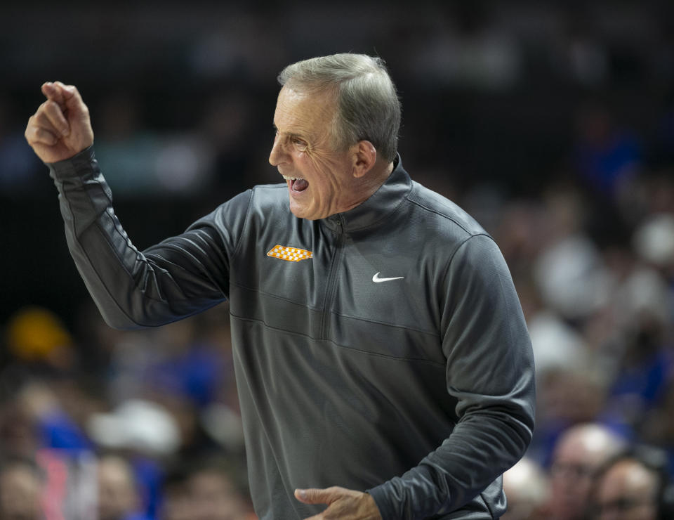 Tennessee head coach Rick Barnes screams at the team during the second half of an NCAA college basketball game, Wednesday, Feb. 1, 2023, in Gainesville, Fla. Florida upset Tennessee 67-54. (AP Photo/Alan Youngblood)