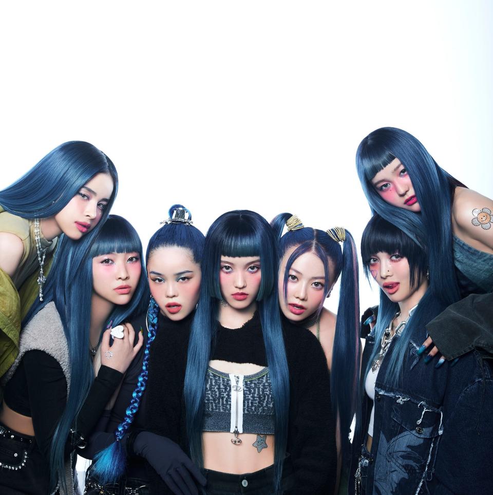 (L-R) Harvey, Maya, Cocona, Chisa, Hinata, Jurin and Juria of girl group XG.