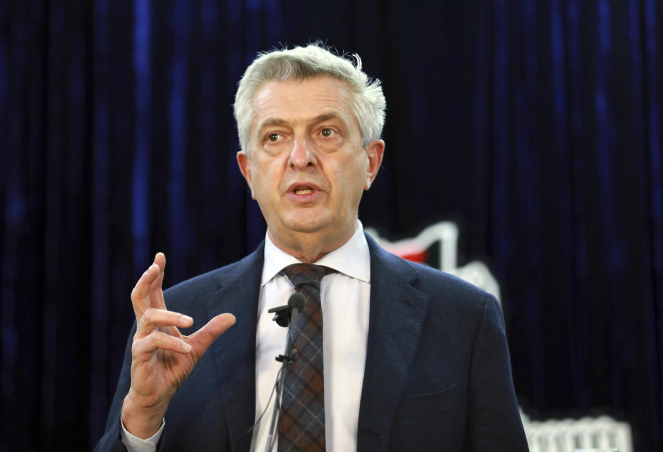 U.N. High Commissioner for Refugees Filippo Grandi speaks during a news conference in Kabul, Afghanistan, Tuesday, Nov. 17, 2020. (AP Photo/Rahmat Gul)