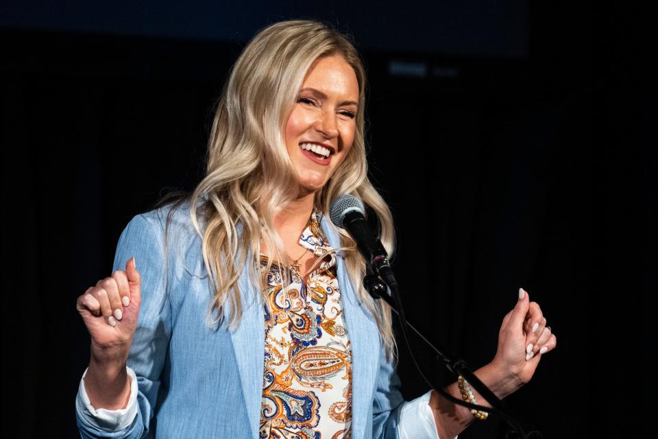 Olesya Holker tells a story during the Des Moines Storytellers Project's "Travel" show at Hoyt Sherman Place on Tuesday, June 20, 2023, in Des Moines.