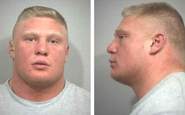 <p>The WWE superstar and former UFC champion was arrested in 2001 after police suspected that a package sent to Lesnar had contained steroids. Lesnar was eventually cleared of all charges. (Photo credit: Law Enforcement) </p>