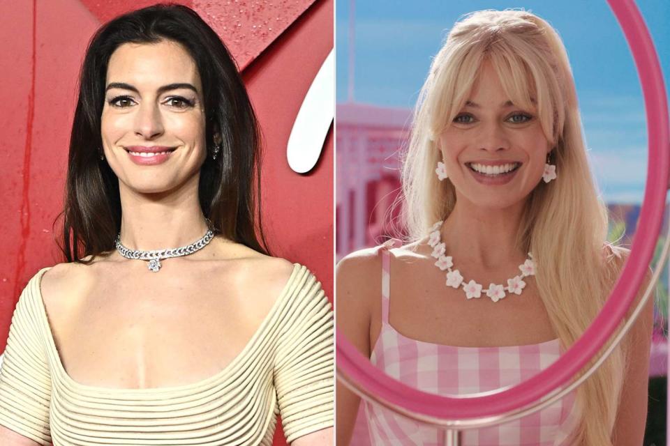 <p>Samir Hussein/WireImage, Warner Bros.</p> Anne Hathaway on Dec. 4, 2023; Margot Robbie in <em>Barbie</em> (2023)