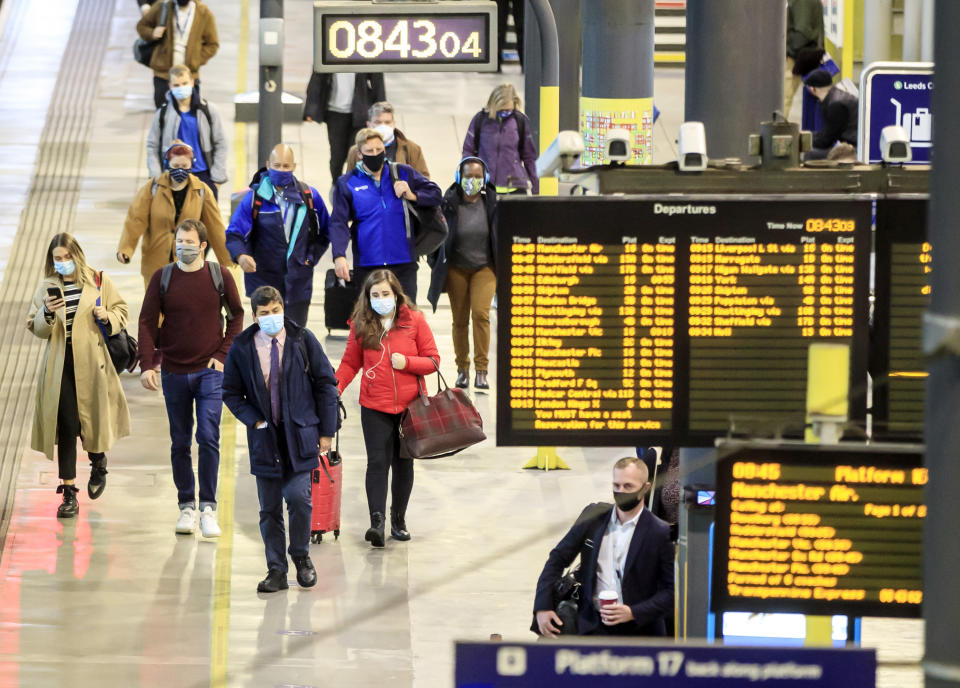 Commuters at Leeds railway station. Train services will be ramped up from today as schools in England and Wales reopen and workers are encouraged to return to offices. (Photo by Danny Lawson/PA Images via Getty Images)