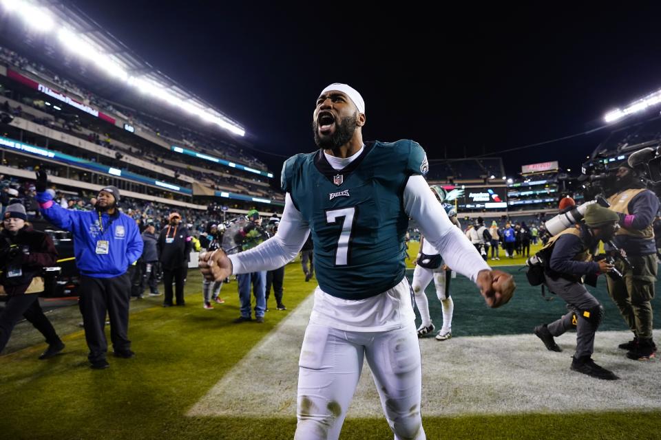 Philadelphia Eagles linebacker Haason Reddick reacts following an NFL divisional round playoff football game against the New York Giants, Saturday, Jan. 21, 2023, in Philadelphia. The Eagles won 38-7. (AP Photo/Chris Szagola)